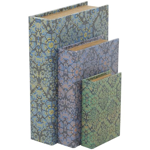 Deco 79 Canvas Decorative Box Faux Storage Book Book Shaped Boxes with Green and Yellow Floral Patterns, Set of 3 Decorative Keepsake Boxes 12", 9", 6"H, Blue - color: Blue, size: 12", 9", 6"H