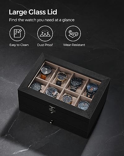 SONGMICS 8-Slot Watch Box, 2-Tier Watch Display Case with Large Glass Lid, Removable Pillows, Velvet Lining, Jewelry Box, Gift Idea, Ebony Black UJOW008B01 - color: Ebony Black, size: 2 Layer 8 Slot