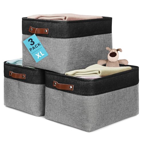 OrganiHaus 16x12.5in Storage Baskets, 3 Pack - Fabric Bins for Shelves | Vegan leather handles; a decorative linen closet organizer, towel and clothes container - color: Gray / Black, size: Extra Large - 3pc