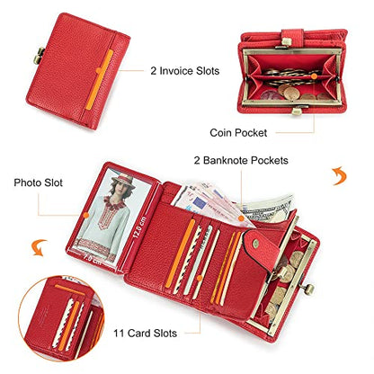 CONTACTS Full Grain Leather Kiss Lock Wallet for Women Small Kiss Clasp Coin Purse Red Bifold Card Holder with Rfid Blocking - color: Red