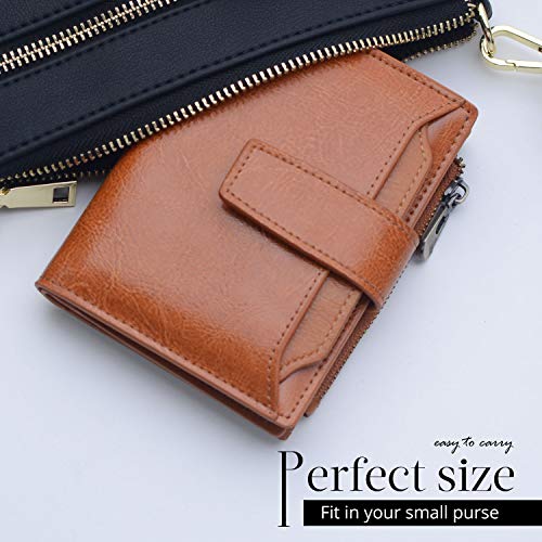Bveyzi Small Leather Wallet for Women, RFID Bifold with ID Window | Holds 11 cards, a pull-out ID sleeve, zippered coin pocket & bill slot — fits crossbody bags and keeps everything organized - color: Brown