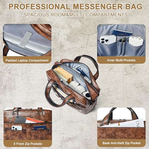 Leather Messenger Bag for Men&Women 16 inch Laptop Bag,Water-Resistant Retro Leather Briefcase for Men Business,Work - color: Brown