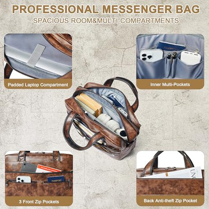 Leather Messenger Bag for Men&Women 16 inch Laptop Bag,Water-Resistant Retro Leather Briefcase for Men Business,Work - color: Brown