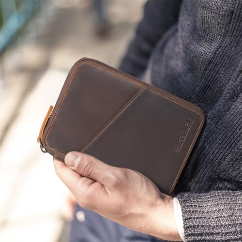 Polare Full Grain Leather Travel Passport Wallet RFID Blocking Passport Holder Soft Bifold Cover Case with YKK Zipper - color: Dark Brown