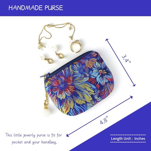 Handmade Jewelry Pouch Women Coin Purse Brocade Zipper Wallet Silk Rosary Bag Flower Pattern - DarkBlue_Colorful - color: DarkBlue