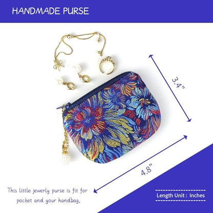 Handmade Jewelry Pouch Women Coin Purse Brocade Zipper Wallet Silk Rosary Bag Flower Pattern - DarkBlue_Colorful - color: DarkBlue