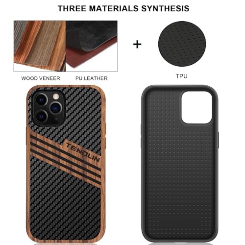 TENDLIN Compatible with iPhone 12 Pro/iPhone 12 Case Wood Grain with Carbon Fiber Texture Design Leather Hybrid Slim Case (Three Stripe) - color: Three Stripe, size: iPhone 12/12 Pro