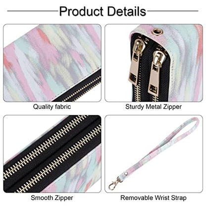 XEYOU Double Zipper Long Clutch Wallet Cellphone Wallet for Women with Removable Wristlet Strap for Credit Card, Cash, Coin, Bill - color: Pink+green+yellow