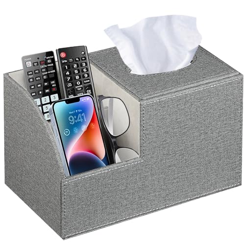 PU Leather Square Tissue Box Cover - Multi-Functional Tissue Box Holder | Tissue Box Cover with Storage,Tissue and Remote Control Holder,Cube Tissue Box Organizer Bedroom Nightstand End Table - color: Grey