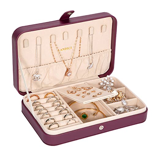 LANDICI Small Jewelry Box for Women Girls, PU Leather Travel Jewelry Case, Portable Jewelry Organizer Storage Holder Display for Ring Earrings Necklace Bracelet Bangle Men Kids Gift, Purple - color: Purple