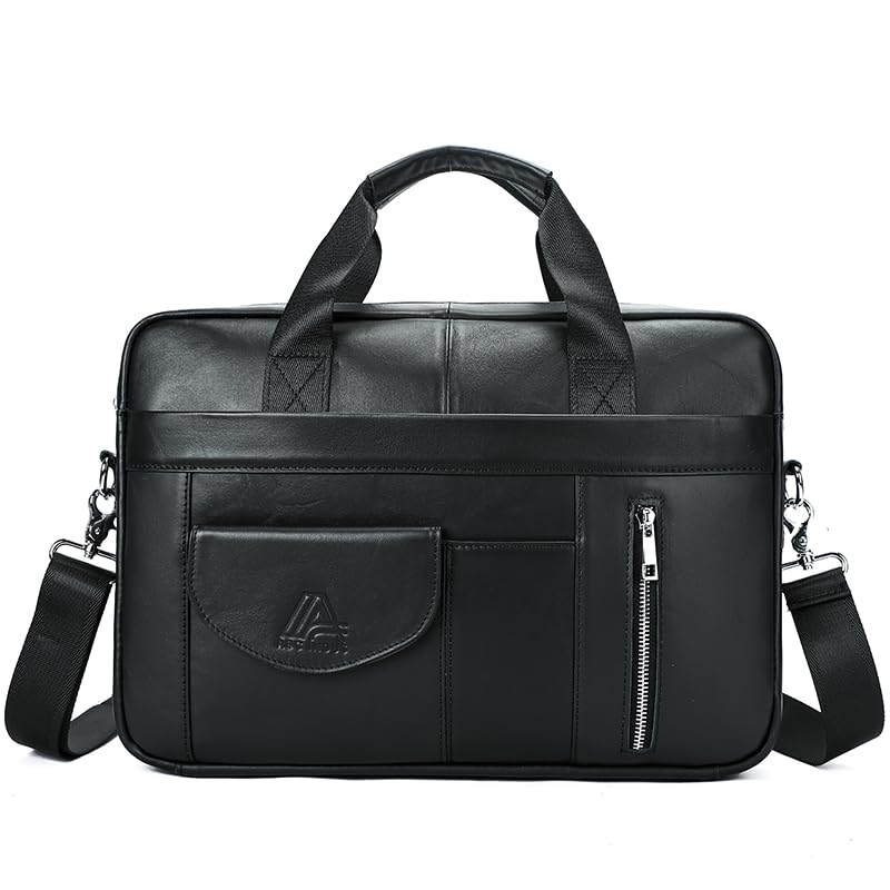 Genuine Leather Business Briefcase Laptop Handbag, Crossbody, Premium Quality, Spacious Design, Versatile Carrying Options - color: Black