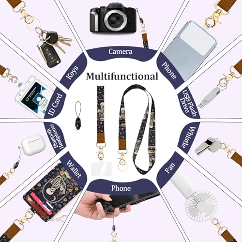 Gothic Lanyard Wallet for Id Badges, Funny Skull Card Holder with Neck Lanyard Wristlet, RFID PU Leather ID Case with Adjustable Lanyard Keychain for Women Teacher Student Nurse Work Office - color: Skull Drink Coffee Read Book