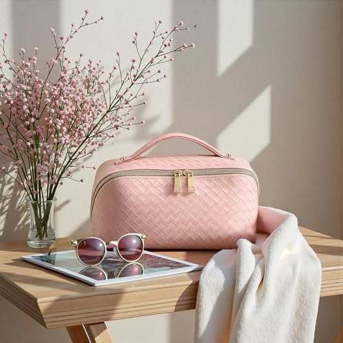 Travel Makeup Bag for Women, Waterproof Vegan Leather Cosmetic Bag, Large Capacity Pouch Open Toiletry Bag with Brush Compartment and Handle - color: B-Green