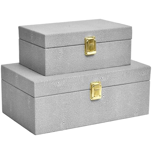 Faux Shagreen Leather Decorative Storage Boxes Set of 2, Light Grey | for keeping precious keepsakes, trinkets, jewelry and other small items organized and out of sight - color: Light Grey