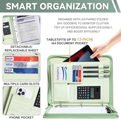 Leathario Portfolio Binder, Includes 5 Sheet Protectors and a Pen, 13 Inch Tablets Organizer, Vegan Leather A4 Padfolio, Multi-Pocket Notepad Business Planner Professional Document - color: Relief Green