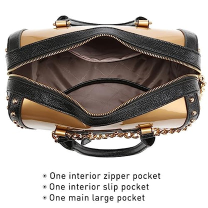 Dasein Women's Barrel Bag Shiny Patent Faux Leather Handbag with Rivet Decoration Top Handle Satchel Shoulder Purse - color: Larger Gold