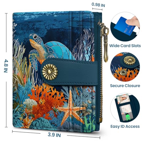 Small Wallet for Women, RFID Blocking Bifold Card Holder Wallet with 10 Card Slots, Cash Compartment, Zipper Coin Pocket & ID Window, Cute Soft Vegan Leather Compact Wallet, Turtle - color: V.Turtle