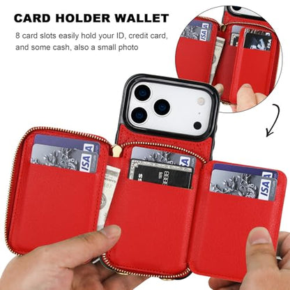 Bocasal Crossbody Wallet Case Card Holder for iPhone 17 Pro Max Red | RFID Blocking PU Leather Zipper Handbag Purse, Kickstand Flip Folio Case with Card Slots Holder Wrist Strap Lanyard 6.9 Inch - color: Red
