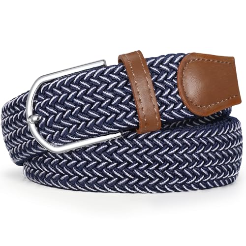 Braided Stretch Belt for Men Elastic Woven Golf Belt for Casual Pants Jeans Shorts - color: Blue White, size: Fit Waist 30"-33"