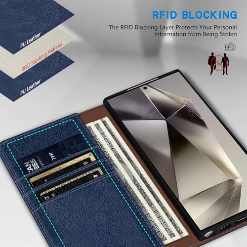 ZZXX for Samsung Galaxy S25 Ultra Wallet Case with [RFID Blocking] Card Slot Stand Strong Magnetic Leather Flip Fold Protective Phone Case for Samsung Galaxy S25 Ultra Case Wallet(Blue-6.8 inch) - color: Blue