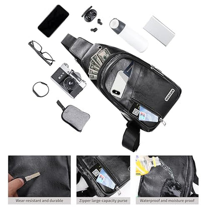Sling Bag Set, PU Leather Sling Bag, Multi-Zipper Design for Travel, Outdoors, Valentine’s Day Gifts - color: Black