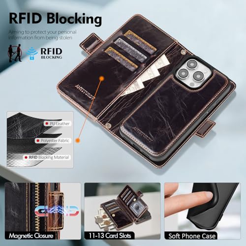 Antsturdy Compatible with MagSafe iPhone 15 Pro Wallet Case,Coffee | Detachable Magnetic Credit Card Holder,RFID Blocking,PU Leather Zipper Purse,Wrist Strap Kickstand,Flip Phone Cover for Women - color: (Detachable with Magsafe)-Coffee