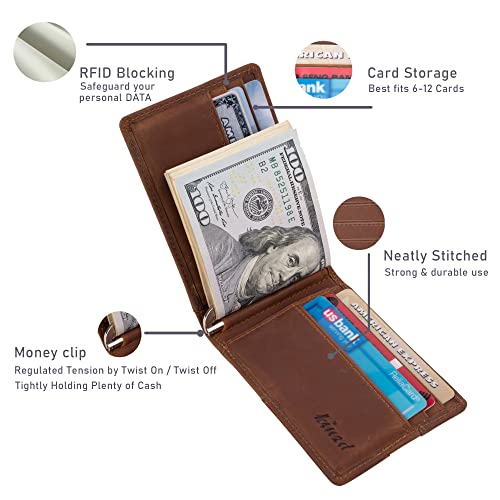 kinzd Slim Wallet with Money Clip RFID Blocking Minimalist Bifold Wallet for Men Genuine Leather Front Pocket Card Holder - color: AS260 - Khaki (Finger Groove)