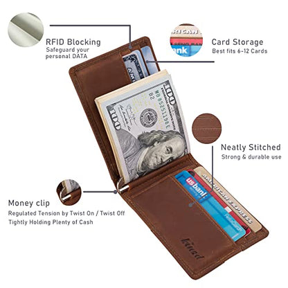 kinzd Slim Wallet with Money Clip RFID Blocking Minimalist Bifold Wallet for Men Genuine Leather Front Pocket Card Holder - color: AS260 - Khaki (Finger Groove)