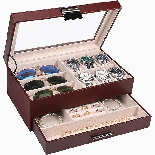 LANDICI 2-Layer PU Leather Watch and Jewelry Box, Brown | Six watch slots, glass lid and lower drawer organize watches, sunglasses, rings, bracelets, cufflinks and necklaces - color: Brown & Apricot