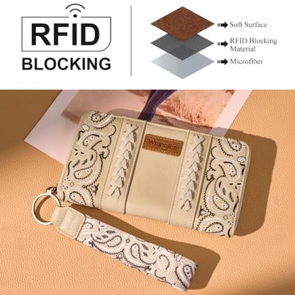 Montana West Wrangler Western Paisley Wristlet Wallet for Women, PU Leather Zip Around Card Holder Clutch with RFID Blocking & Coin Pocket - color: Tan
