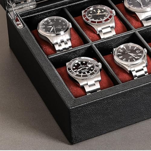 ROTHWELL 10 Slot Leather Watch Box - Luxury Case Display Jewelry Organizer - Locking Watch Display Case Holder with Large Glass Top - Box Organizer for Men and Women (Black/Red) - color: Black / Red