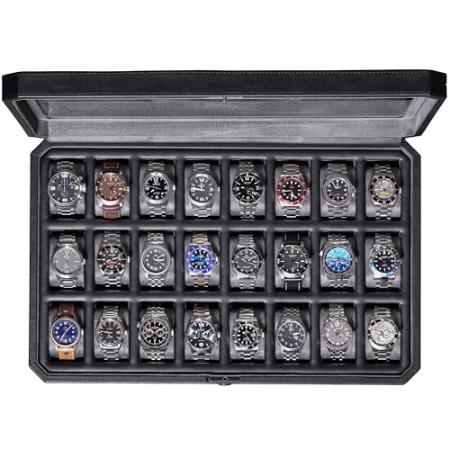 ROTHWELL 24 Slot Watch Case with Lock – Luxury Watch Box to Display and Organize Your Collection | Real Glass Top | Premium Storage for Collectors (Black/Grey) - color: Black / Grey