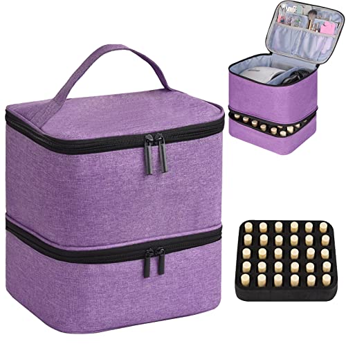 Nail Polish Organizer Holds 30 Bottles (15ml) and 1 Nail Light Nail Polish Carrying Case with Storage Pockets for Manicure Tools Double Layer Nail Storage Travel Bag with Handle (A-Purple) - color: A-Purple