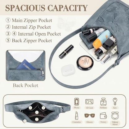 BELTANA Shoulder Bag for Women, Small Vegan Leather Butterfly Hobo Purse - color: Blue