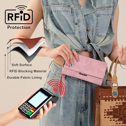 Montana West Women Wallet Trifold Large Capacity Phone Wristlet Travel Credit Card Cash Wallets with Coin Purse and Wrist Strap - color: Pink