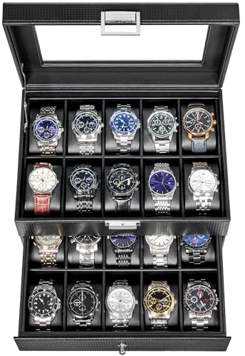 BEWISHOME Watch Case, 20-Slot Watch Box Organizer with Large Glass Lid | Watch Cases for Men with Removable Watch Pillows, Synthetic Leather, Watch Storage Box, Watch Display Case, Black SSH04C - color: Black+Black
