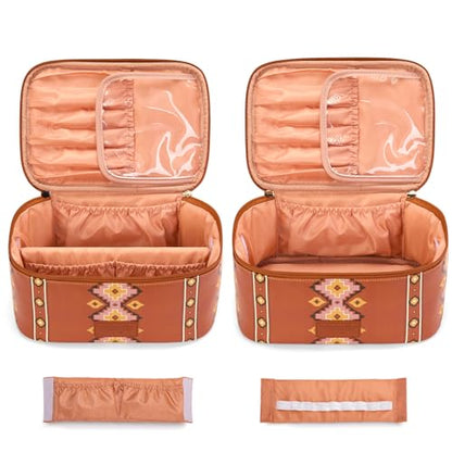 Wrangler Travel Makeup Bag 2pcs Set Cosmetic Bag with Makeup Brush Holder | Portable Make Up Organizer,Large Toiletry Bag with Divider and Handle for Women - color: Aztec-Brown
