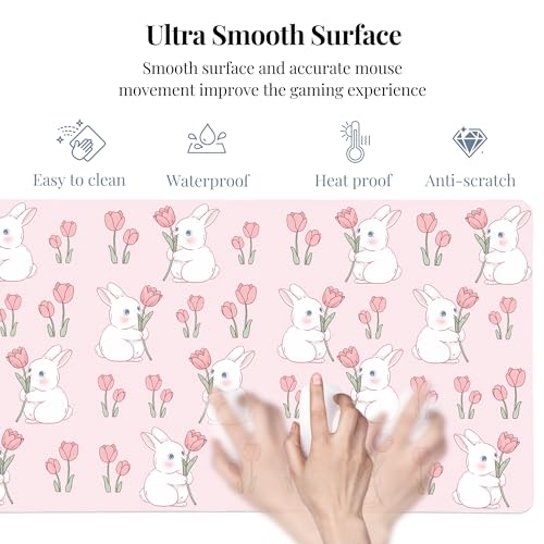 Pink Bunny Tulip Desk Mat, Cute Extended Gaming Keyboard Mouse Pad, Large Office Desk Cover Mat Pad Deskmat, Non-Slip Leather Home Office Desk Mat Protector 31.5"×15.7" - color: Pink Bunny, size: 31.5" x 15.7"