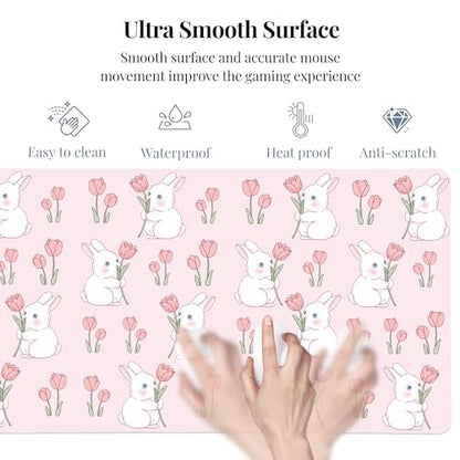 Pink Bunny Tulip Desk Mat, Cute Extended Gaming Keyboard Mouse Pad, Large Office Desk Cover Mat Pad Deskmat, Non-Slip Leather Home Office Desk Mat Protector 31.5"×15.7" - color: Pink Bunny, size: 31.5" x 15.7"