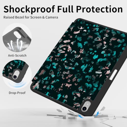 for iPad A16 Case, iPad 11th/10th Generation Case | Dark Green Leopard Design, Built-in Pencil Holder, Stable Trifold Stand, Protective Shell with Shockproof Back Cover - color: Dark Green Leopard