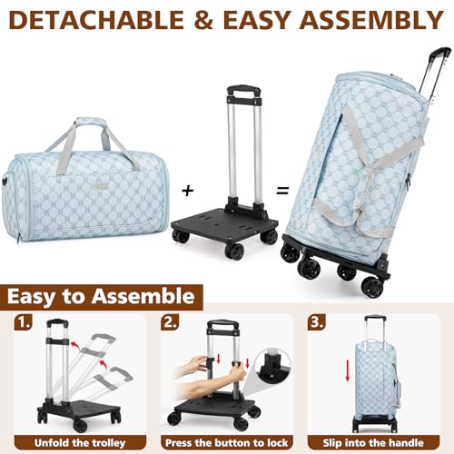 Rolling Garment Bag for Travel, 50L Duffle Bag with Shoe Compartment, 4pcs | 4-in-1 Carry on Convertible Duffel with Wheels, Detachable Trolley, Wrinkle-Free Storage for Trips, Weddings and Overnights - color: Blue