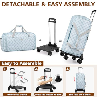 Rolling Garment Bag for Travel, 50L Duffle Bag with Shoe Compartment, 4pcs | 4-in-1 Carry on Convertible Duffel with Wheels, Detachable Trolley, Wrinkle-Free Storage for Trips, Weddings and Overnights - color: Blue