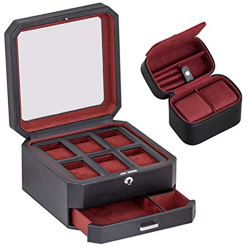 ROTHWELL Gift Set 6 Slot Leather Watch Box and 2 Watch Travel Case - Luxury Case Organizer, Microsuede Liner, Locking Mens Jewelry Watches Holder, Storage Boxes Glass Top (Black/Red Gift Set) - color: 6 Slot - Black/Red Gift Set
