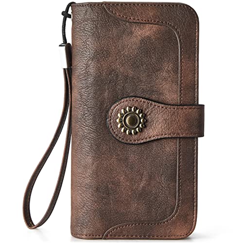 BOSTANTEN Leather Wallets for Women RFID Blocking Wristlet Clutch Purse | 13 Card Slots, Phone ＆ Card Holder, Large Capacity, Long Bifold, Zipper Coin Pocket, Ladies Gifts, Coffee - color: 1-1-coffee-rg