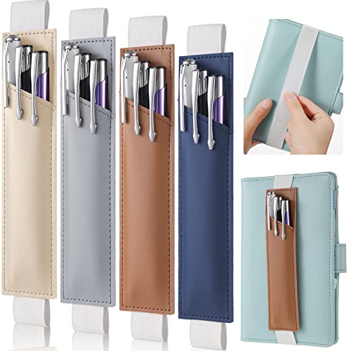 Clabby 4 Pcs Pen Holder for Notebook,Khaki, Gray, Brown, Navy | Elastic Journal Pen Holder, Strap Band PU Leather Pen Sleeve Pouch, for Hardcover Journals Gift, 8-11.5inch - color: Khaki, Gray. Brown, Navy