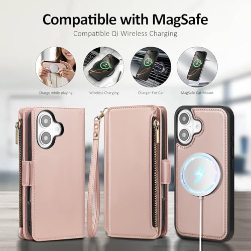 Antsturdy Compatible with MagSafe iPhone 16 Wallet Case,Rose Gold | Detachable Magnetic Credit Card Holder,RFID Blocking,PU Leather Zipper Purse,Wrist Strap Kickstand,Flip Phone Cover for Women - color: (Detachable with Magsafe)-Rose Gold