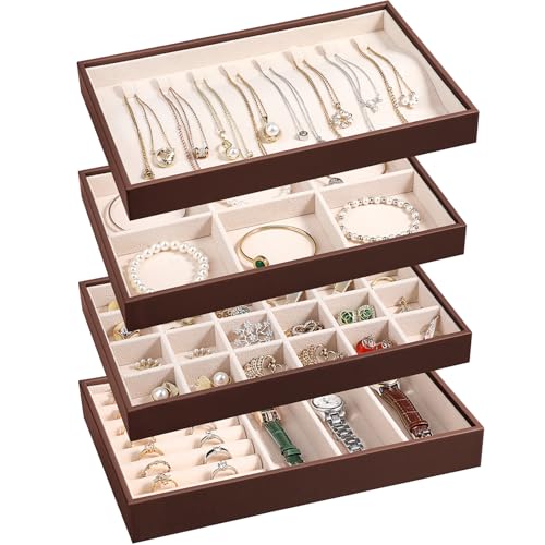 LANDICI 4-Piece Stackable PU Leather Jewelry Organizer Trays, Coffee | Four stackable PU leather trays with flannel lining, ring rolls, necklace hooks and removable dividers for customized storage - color: Coffee