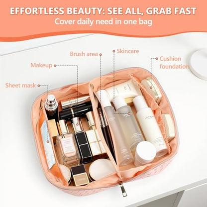 Travel Makeup Bag for Women, Waterproof Vegan Leather Cosmetic Bag, Large Capacity Pouch Open Toiletry Bag with Brush Compartment and Handle - color: B-Green