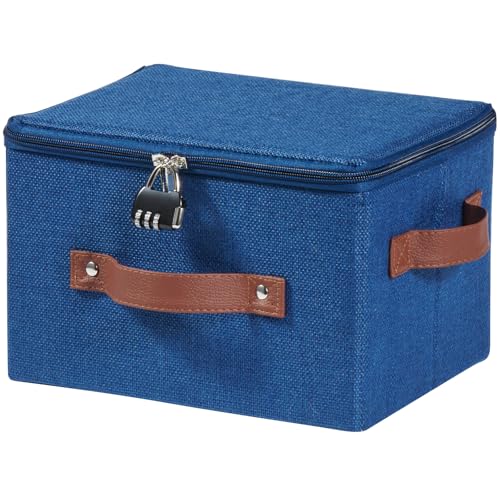 Lockable Storage Bins Box with Zipper Lid Combination Lock | Cotton Linen Fabric Baskets, Foldable Washable Closet Shelf Organizer Container, w/ PU Leather Handles, Deep Blue, Small - color: Deep Blue, size: Small ( Set of 1 )