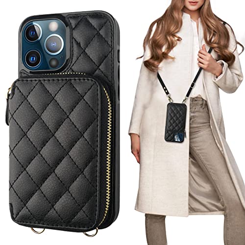Bocasal Crossbody Wallet Case Card Holder for iPhone 13 Pro Max Black | RFID Blocking PU Leather Zipper Handbag Purse, Kickstand Flip Folio Case with Card Slots Holder Wrist Strap Lanyard 6.7 Inch - color: Black